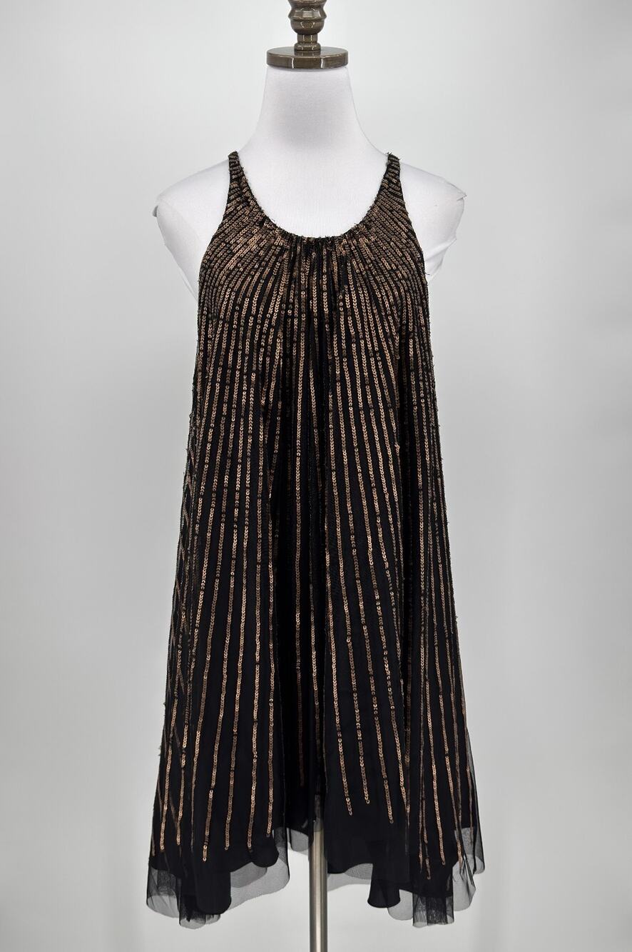 Dallin Chase Black Gold Sequin Striped Sleeveless Swing Dress Sz L NEW